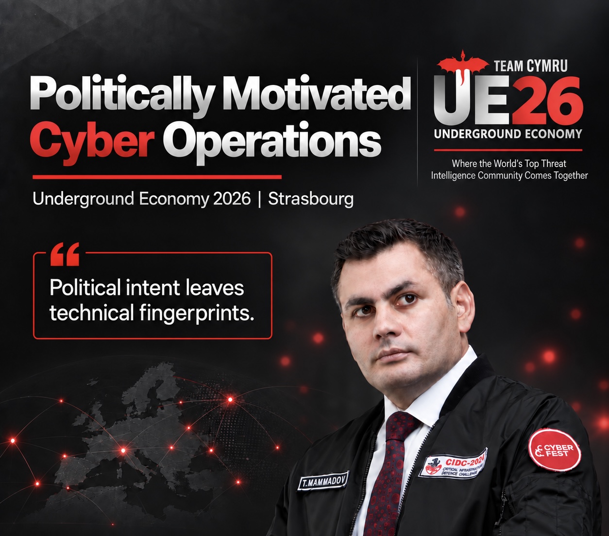 UE26 tədbir qrafikası: "Siyasi motivli kiberəməliyyatlar", Underground Economy 2026, Strasburq; Tural Məmmədovun təsviri ilə